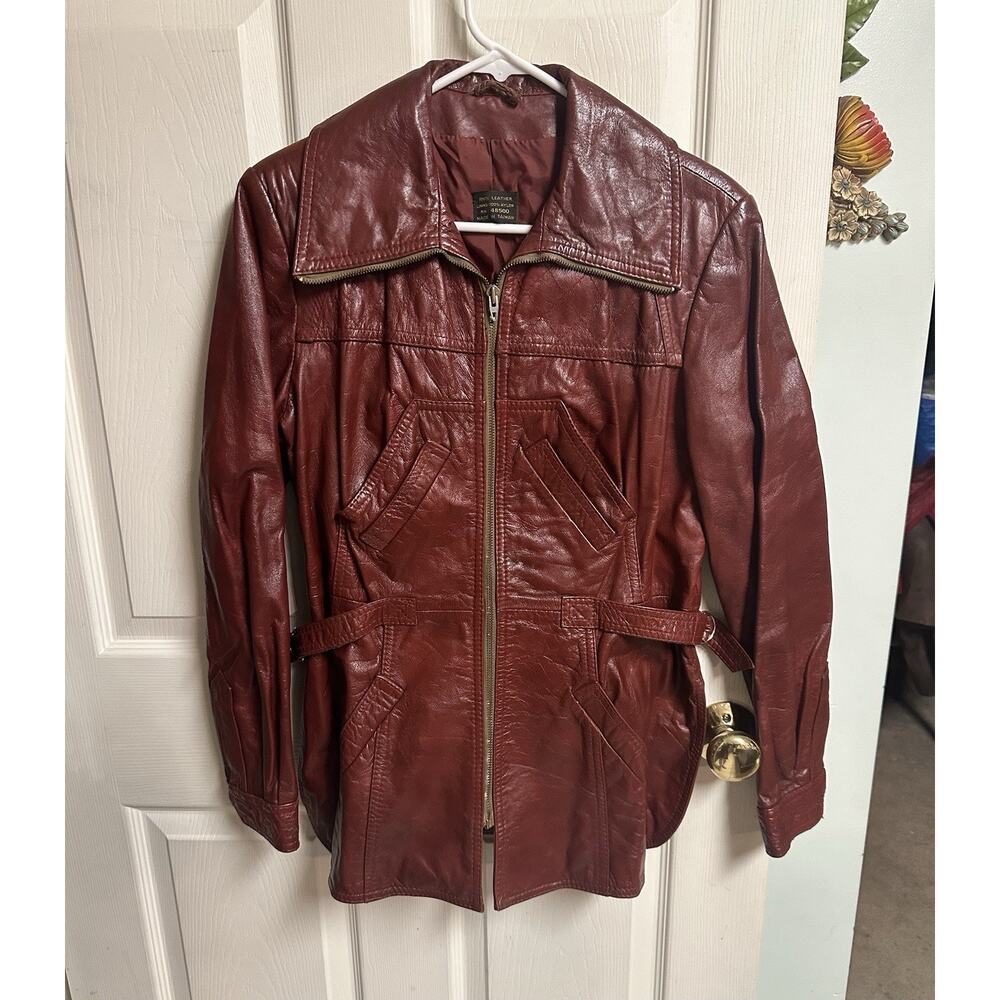 70s Leather Jacket Red Burgundy Med 10 36w Fitted High Pockets Mob Mafia Collar